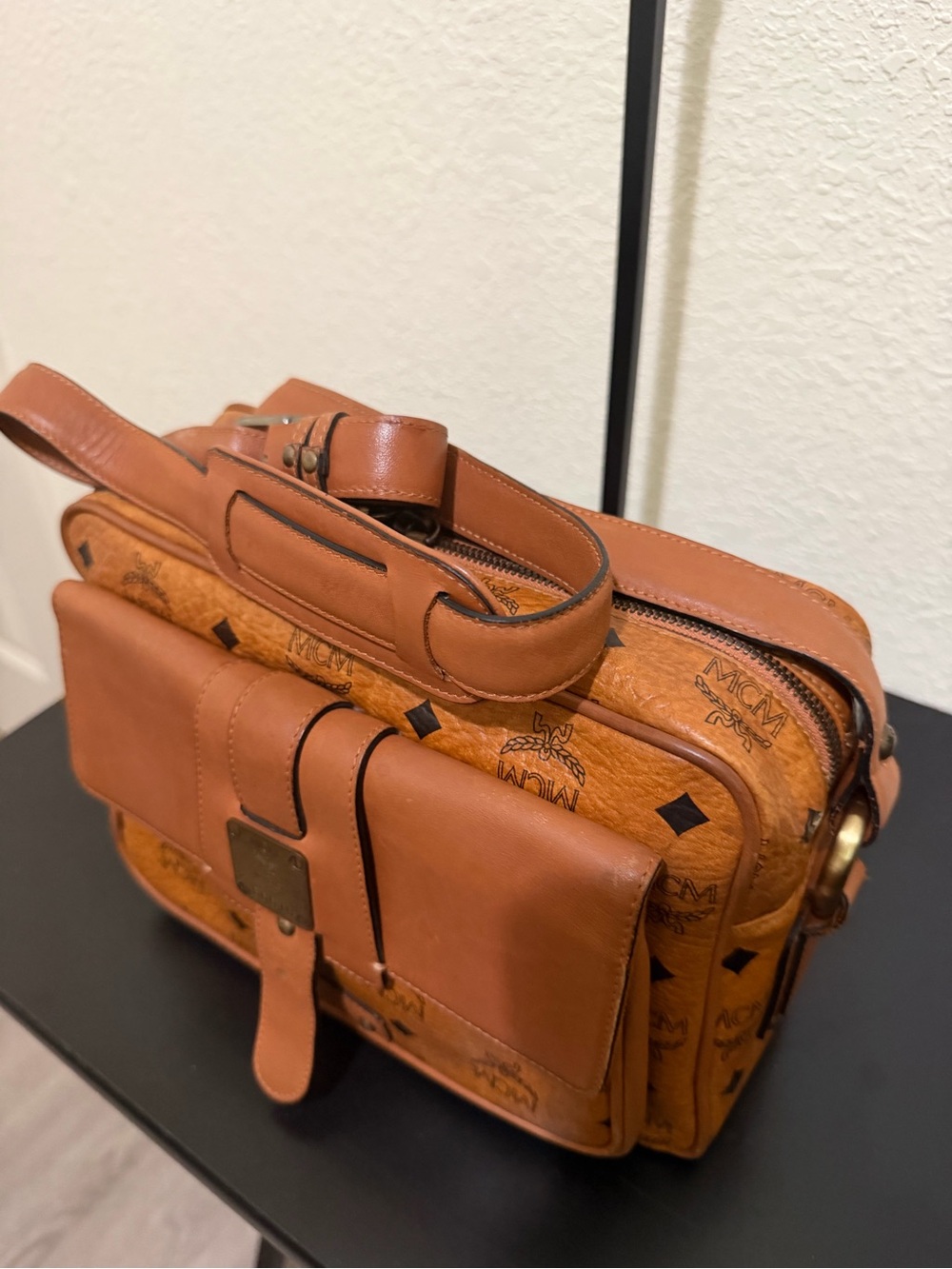 MCM Tan & Cognac Leather Messenger Bag with Monogram - Picture 3 of 6